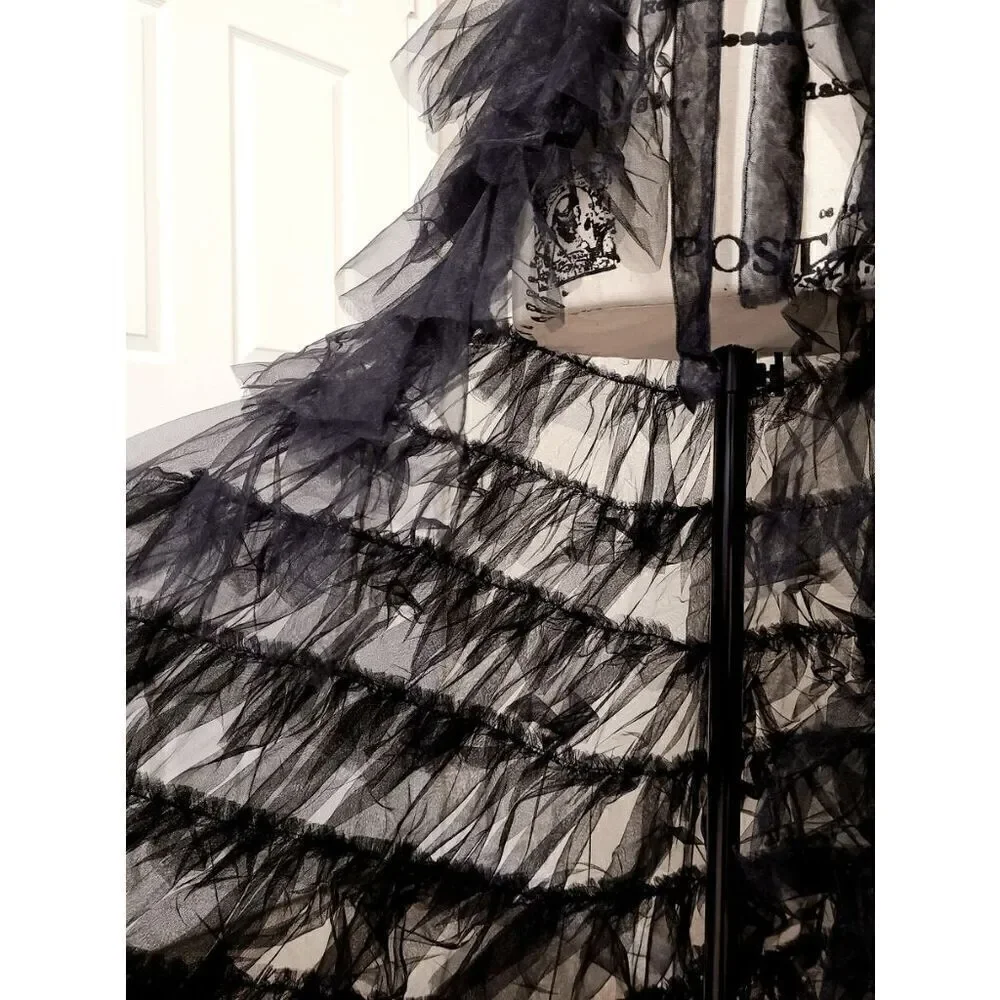 🖤 NEW Goth Tier Layered Tulle Mesh Petticoat Train Wrap Hi-Lo Black Open Skirt